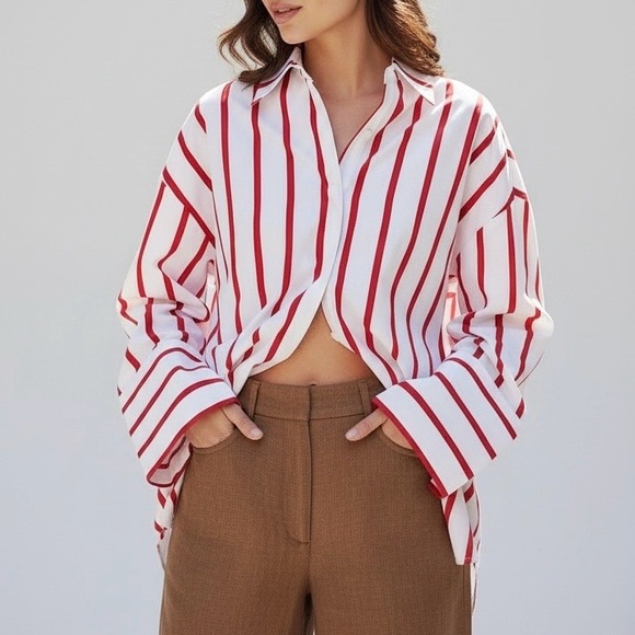ECLE SWIM Reverie Oversized Shirt, Red White Stripes, M/L - Picture 2 of 11
